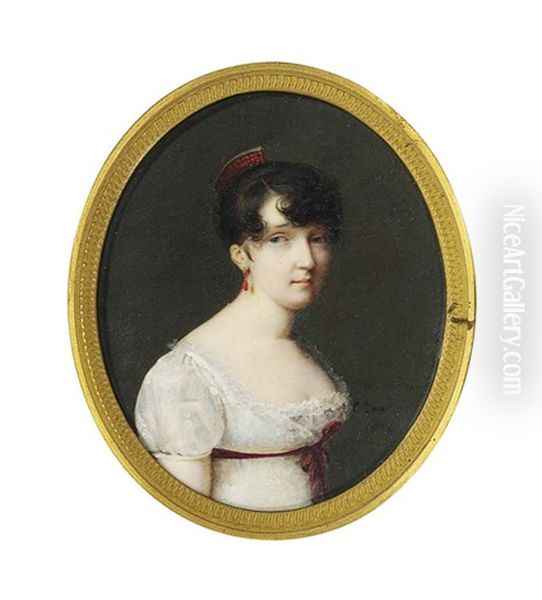A Young Lady Called Madame Bernard, In Decollete White Dress, Claret Red Sash Tied Around Waist, Dark Upswept Hair Dressed With Coral Comb, Coral Earring Oil Painting by Charles Guillaume Alexandre Bourgeois