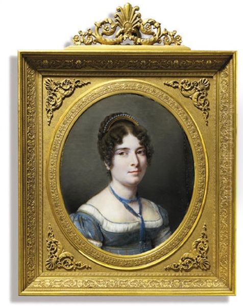 A Portrait Of The Artist's Wife In Blue Plaid Dress With White Underslip Oil Painting by Charles Guillaume Alexandre Bourgeois