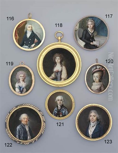 A Young Gentleman In Blue Coat, Grey Waistcoat And Shirt, Checked Grey Knotted Cravat, Long Powdered Curling Hair Oil Painting by Charles Guillaume Alexandre Bourgeois