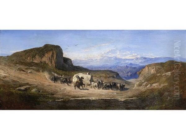 A Group Of Bullocks With Their Herders Carrying A Block Of Carrara Marble From The Quarries Of The Apuan Mountains, Tuscany, Down To The Town Of Carrara Oil Painting by Antoine Joseph Bourlard