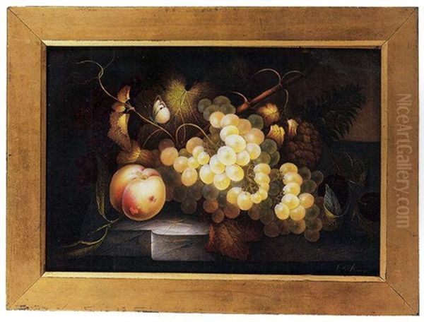 A Still Life Of A Peach, White And Black Grapes, Dark Plums And A Pineapple, A Cabbage, White Butterfly Resting On A Tendril, On A Marble Top Oil Painting by James Bourne