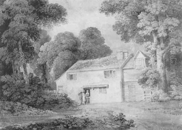 Figures Before A Woodland Cottage Oil Painting by James Bourne