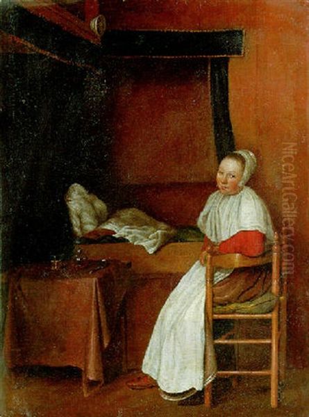 A Woman Seated By A Bed Oil Painting by Esaias Boursse