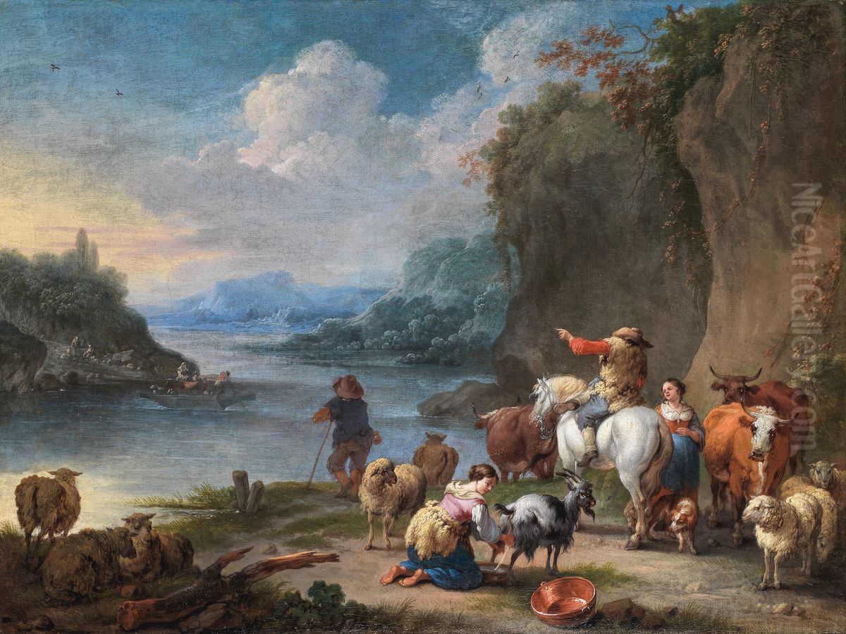 Drovers And Their Herd Resting Beside A River Oil Painting by Pieter Bout
