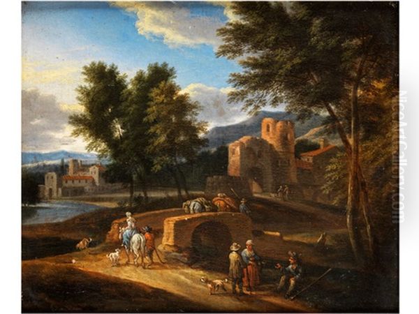 Landschaft Mit Figuren Auf Einer Brucke Oil Painting by Pieter Bout
