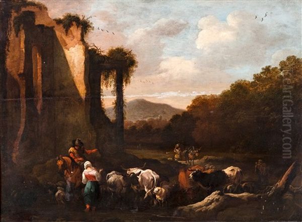 Landscape With Cattle And People Oil Painting by Pieter Bout