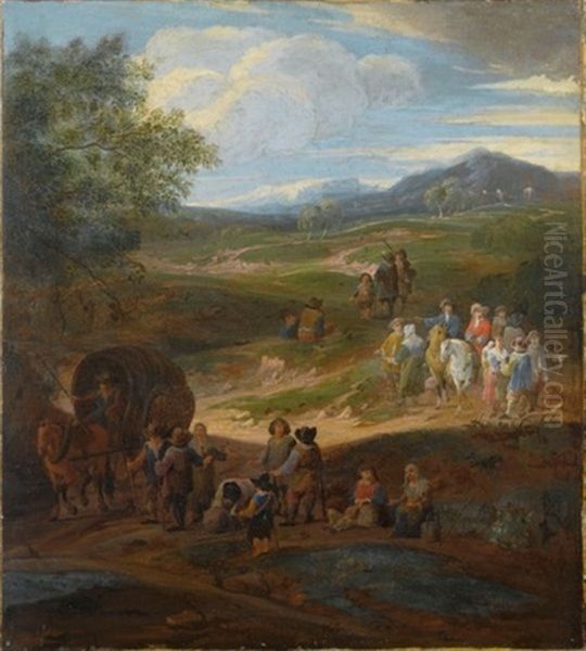 A Landscape With Travellers And Two Horsemen On A Path, A Horse-drawn Wagon And Other Travellers To The Foreground Oil Painting by Pieter Bout
