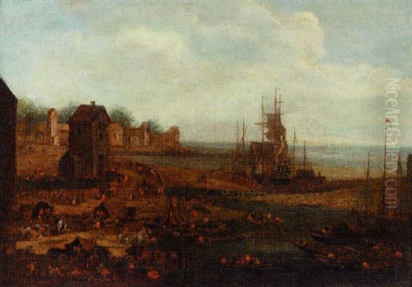 A Harbour Scene With Travellers In Tents Along The Coastline Oil Painting by Pieter Bout