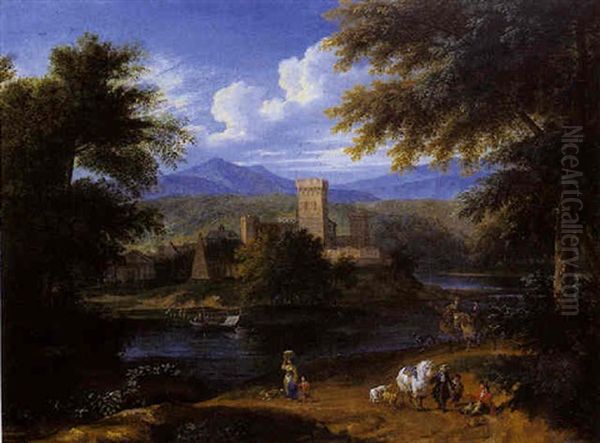 Cavaliers Chevauchant Non Loin D'une Ville Fortifiee Erigee Sur Les Bords Ombrages D'un Fleuve Oil Painting by Pieter Bout