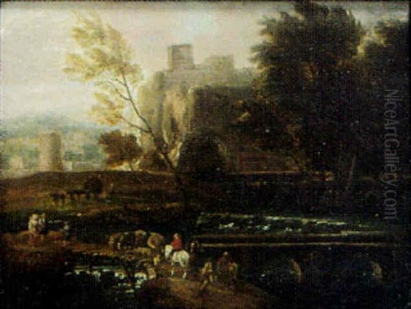 Landskab Med Hyrde Der Driver Sine Dyr Over En Bro Oil Painting by Pieter Bout