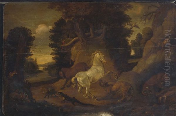 Wooded Landscape With Various Animals Oil Painting by Jacob Bouttats