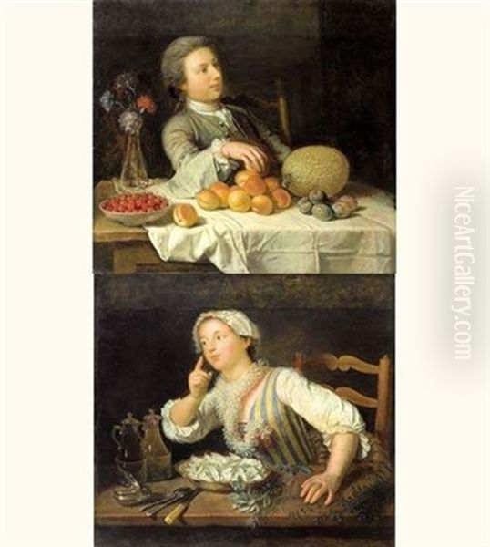 Jeune Homme A Table Devant Des Fruits (+ Jeune Femme A Table Devant Des Herbes; Pair) Oil Painting by Andre Bouys
