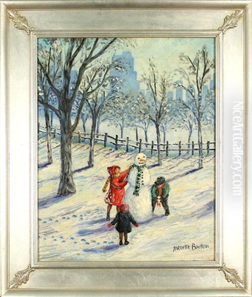 Children And Snowman In Central Park Oil Painting by Harriette Bowdoin