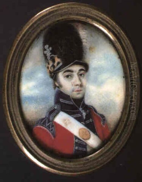 An Officer, Possibly Of The Cheshire Yeomanry, In Scarlet   Coat With Blue Facings And Silver Lace... Oil Painting by Joseph Bowring