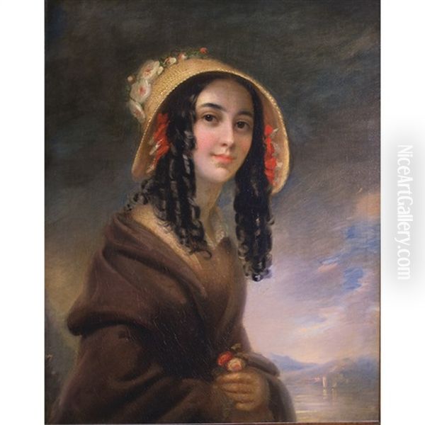 Portrait Of A Young Lady With A Straw Hat Oil Painting by William Boxall