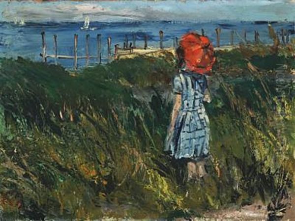Coastal Landscape With A Young Girl At The Beach Oil Painting by Peter Rostrup Boyesen