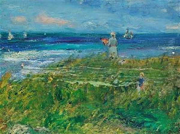 Sommerdag Med Kvinde Der Skuer Ud Over Havet Oil Painting by Peter Rostrup Boyesen