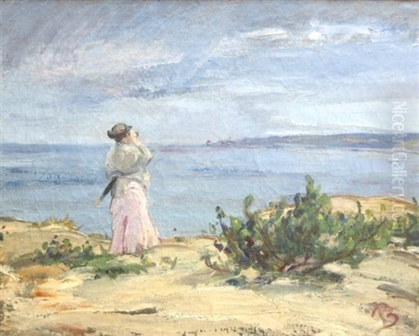 Rygvendt Kvinde Ser Med Kikkert Ud Over Havet, Sommer Oil Painting by Peter Rostrup Boyesen