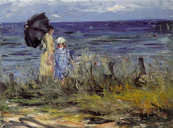 To Piger Ved Stranden, Optraek Til Uvejr Oil Painting by Peter Rostrup Boyesen