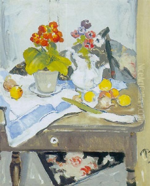 Opstilling Med Blomster, Kander Og Frugter Pa Et Bord Oil Painting by Peter Rostrup Boyesen