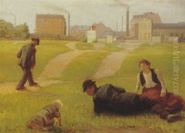 Figurer I Graesset Foran Byen Oil Painting by Peter Rostrup Boyesen