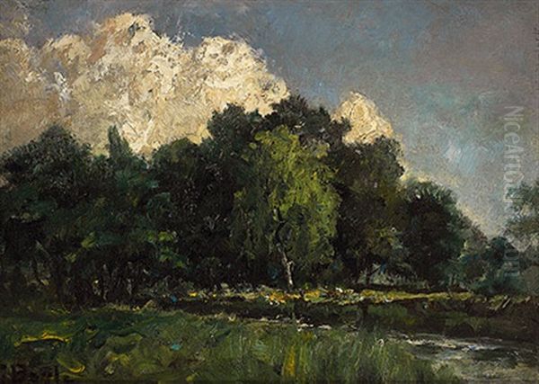 Blick Uber Bachlauf Auf Baumgruppe An Einem Sommertag Oil Painting by George A. Boyle