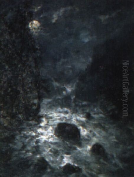 A Moonlit River Landscape Oil Painting by George A. Boyle