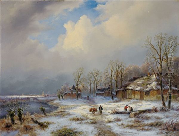 Winterliche Flusslandschaft Mit Reetgedeckten Katen, Personenstaffage Und Fernen Windmuhlen Oil Painting by Anton Braakman
