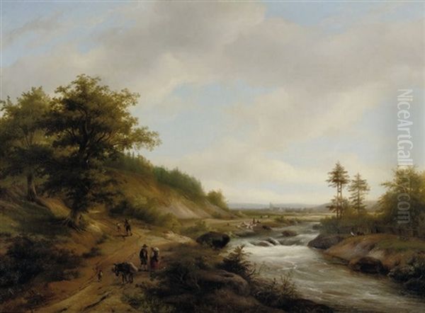A Panoramic River Landscape With Travellers On A Path Oil Painting by Anton Braakman
