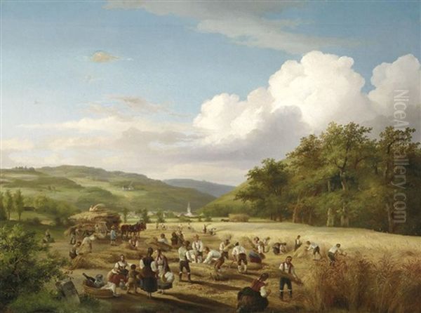 Getreideernte In Einem Tal Bei Stuttgart Oil Painting by Anton Braakman