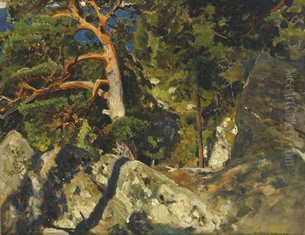 Kiefer In Den Felsen Oil Painting by Eugen Felix Prosper Bracht