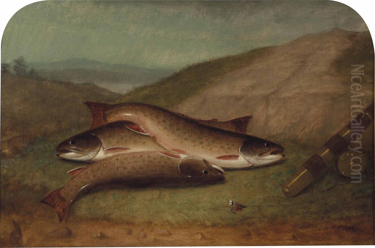 Catch Of The Day, Trout On A Riverbank Oil Painting by Walter M. Brackett