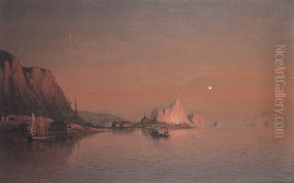 A View Near Cape Charles On The Coast Of Labrador, Sunset With Icebergs Drifting Down The Coast Oil Painting by William Bradford