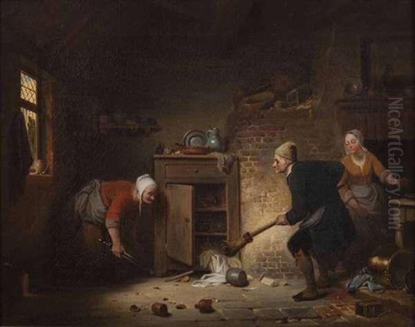 Figures In An Interior Oil Painting by Ferdinand de Braekeleer
