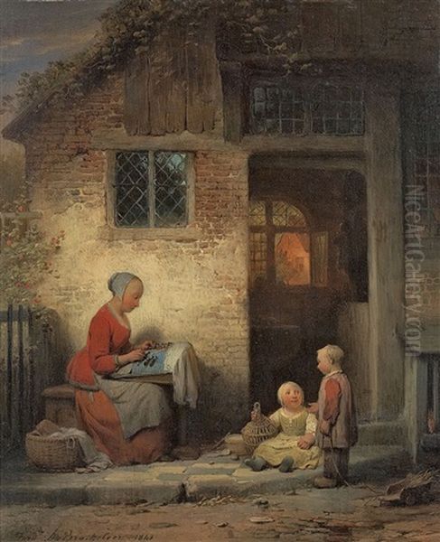 Eine Mutter Mit Zwei Kindern Vor Ihrem Hause Oil Painting by Ferdinand de Braekeleer
