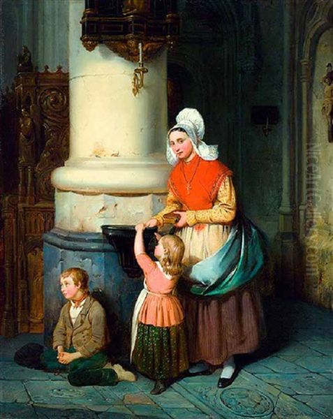 Mutter Mit Kind In Einer Kirche, An Einer Saule Sitzt Ein Bettelknabe Oil Painting by Ferdinand de Braekeleer