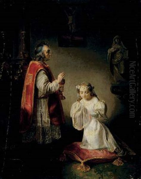 La Premiere Communion. Vers La Droite, Une Statue De Sainte Francoise Romaine Oil Painting by Ferdinand de Braekeleer