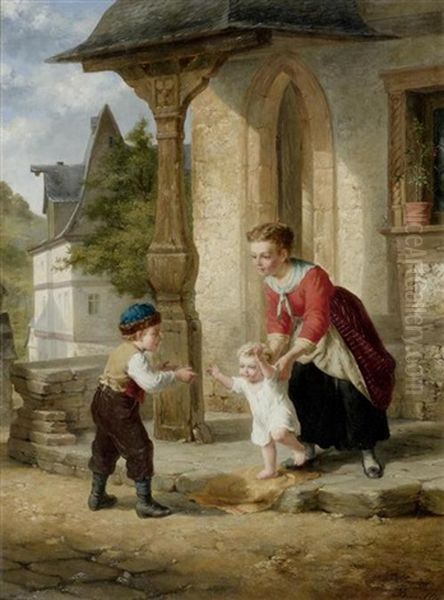 Mutter Mit Ihren Kindern Vor Dem Haus Oil Painting by Ferdinand de Braekeleer