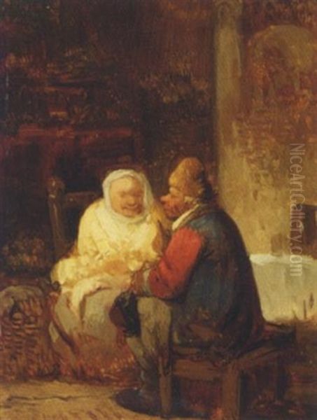 A Couple In An Interior Oil Painting by Ferdinand de Braekeleer