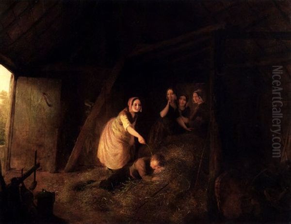 Im Stall - Im Heu Schlafender Knabe Wird Von Vier Madchen Geneckt Oil Painting by Ferdinand de Braekeleer