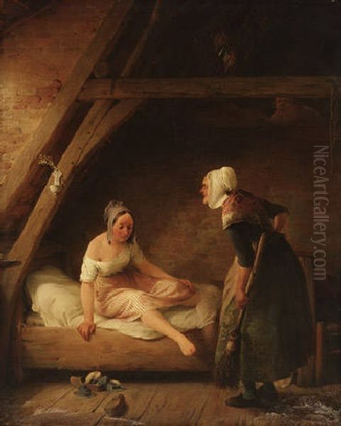 Das Verpatzte Rendevous - Die Grosmutter Droht Der Ertappten Enkelin Mit Dem Besen Oil Painting by Ferdinand de Braekeleer