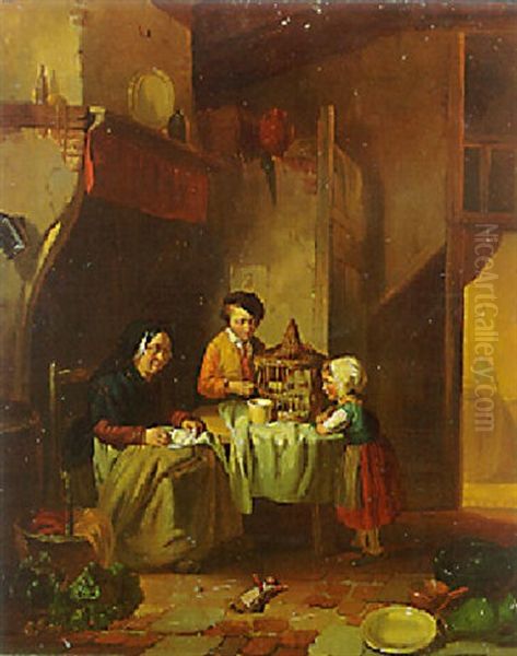 Children Playing With A Bird In A Kitchen Oil Painting by Ferdinand de Braekeleer