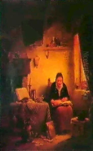 Femme Lisant Et Petit Singe Dans Un Interieur               Binnengezicht Met Lezende Vrouw En Aapje Oil Painting by Ferdinand de Braekeleer