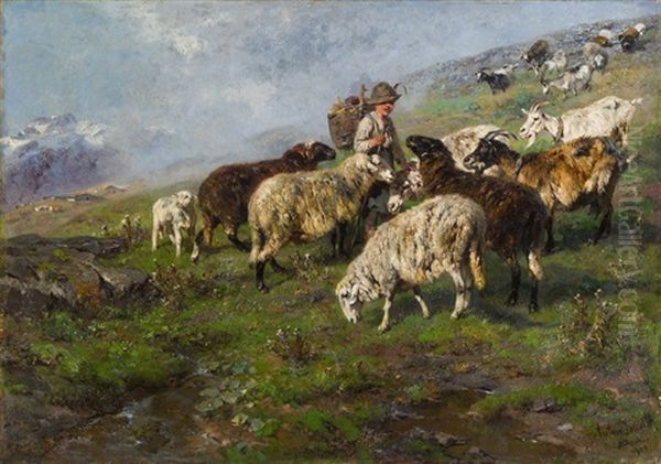 Hirte Mit Schafen Und Ziegen Oil Painting by Anton Braith