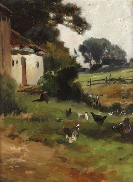 Huhner Am Rande Eines Gehofts Oil Painting by Anton Braith