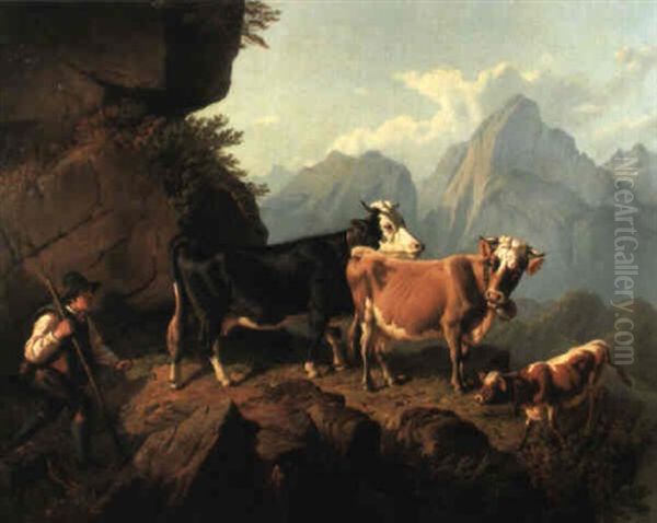 Huterbub Mit Kuhen Und Kalb Im Hochgebirge Oil Painting by Anton Braith