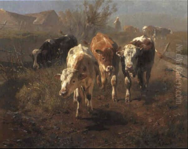 Jungvieh An Der Tranke Im Mittagssonnenlicht Oil Painting by Anton Braith