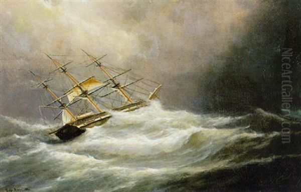 A Three-mast In A Storm Oil Painting by Simon Van Brakel