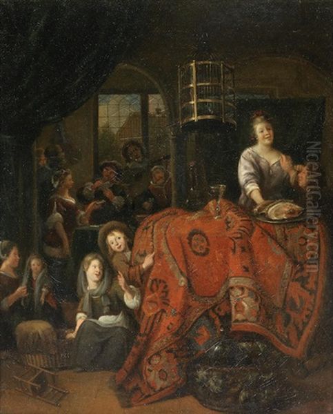 An Interior With A Woman Serving Meat And Wine, Children Playing On The Floor, And Figures Playing Cards In The Adjacent Room Oil Painting by Richard Brakenburg