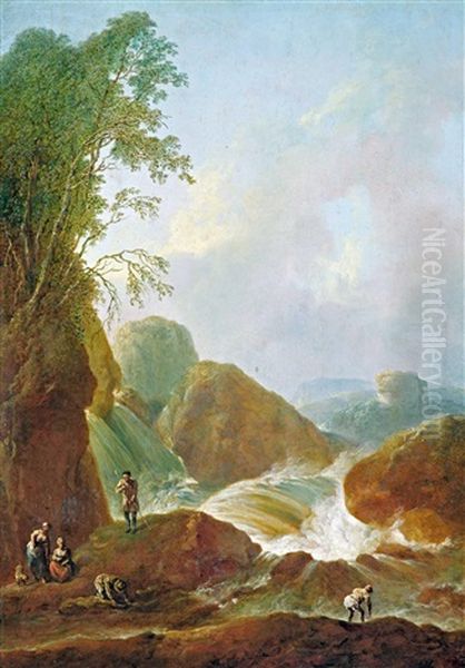 Rocky Landscape With Figures Oil Painting by Christian Hilfgott Brand